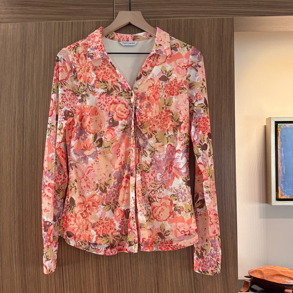 PrettyGarden:  Button-down Blouse, Size L, Coral/Lilac/Yellow Floral - Picture 3 of 8